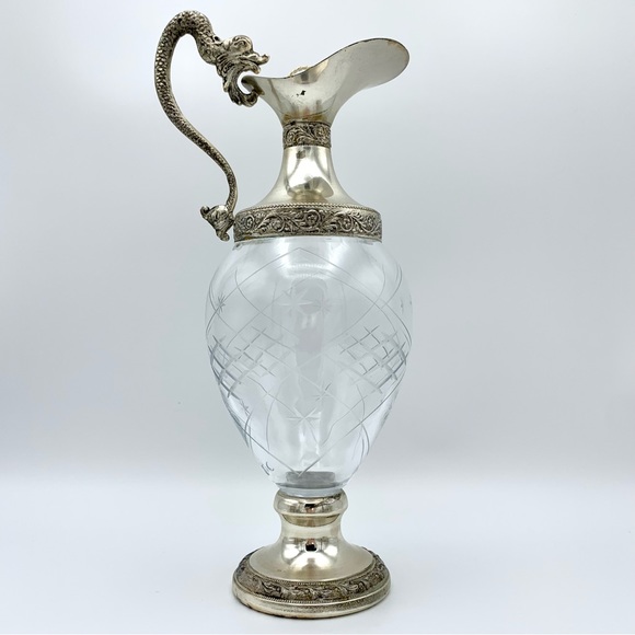 Vintage Italian Silver Plated Crystal Ewer Dragon Victorian Decanter, 12 Glasses - Picture 7 of 15